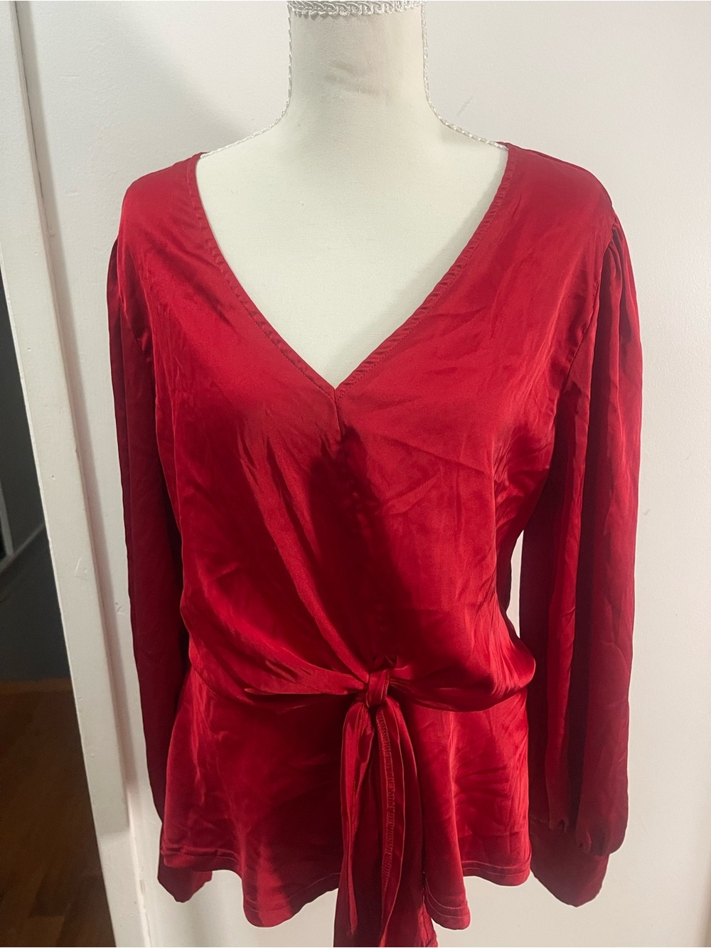Fifty Street Red Satin Tie Front Peplum Top